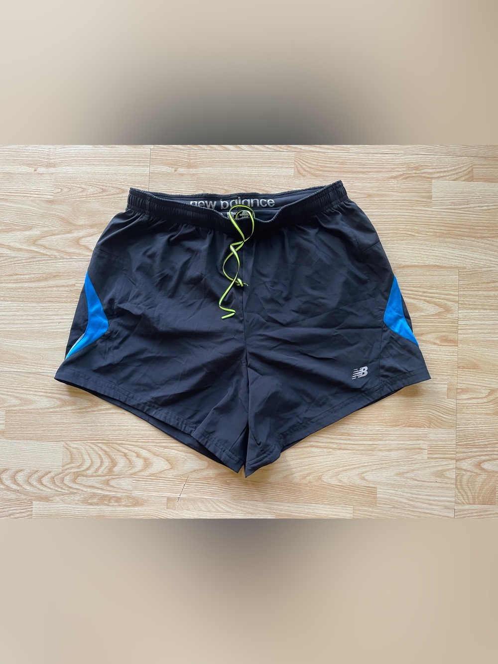 Used New Balance Black Athletic Shorts with Neon Green Drawstring